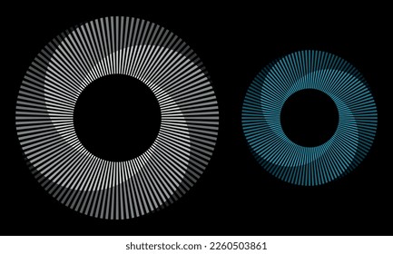 Set of circles with lines. Lines in one color with different opacity. White and blue spirals on black background. Dynamic design element with 4 parts.