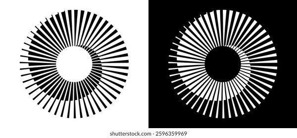 Set of circles with lines. Lines in one color with different thickness. Black spiral on white background and white spiral on black background. Dynamic design element, logo or icon.
