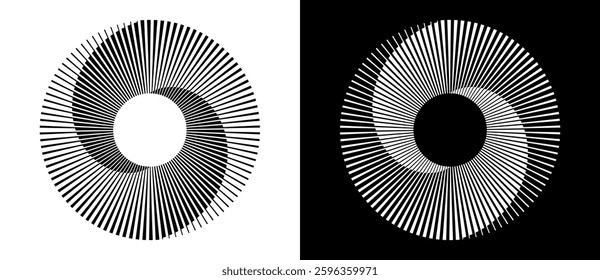 Set of circles with lines. Lines in one color with different thickness. Black spiral on white background and white spiral on black background. Dynamic design element, logo or icon.
