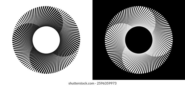 Set of circles with lines. Lines in one color with different thickness. Black spiral on white background and white spiral on black background. Dynamic design element, logo or icon.