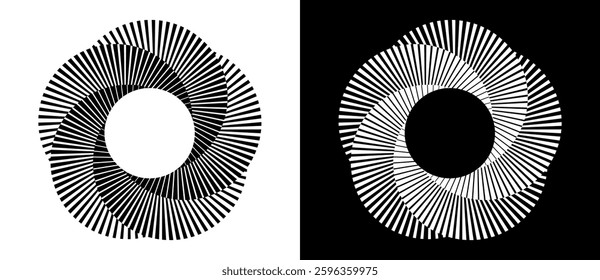 Set of circles with lines. Lines in one color with different thickness. Black spiral on white background and white spiral on black background. Dynamic design element, logo or icon.