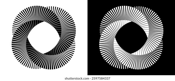 Set of circles with lines. Lines in one color with different thickness. Black spiral on white background and white spiral on black background. Dynamic design element, logo or icon.