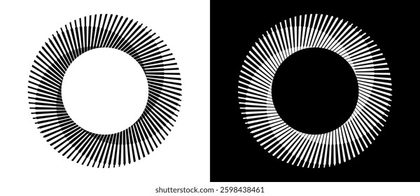 Set of circles with lines. Lines in one color with different thickness. Black spiral on white background and white spiral on black background. Dynamic design element, logo or icon.