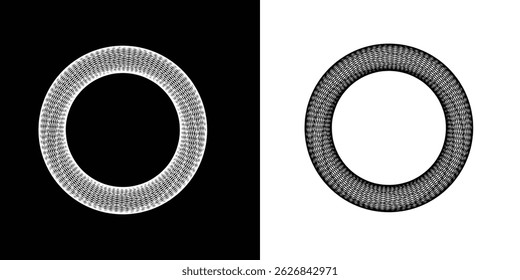 Set of circles with lines. Lines in one color with different opacity. Black spiral on white background and white spiral on black background. Dynamic design element with 3 parts.