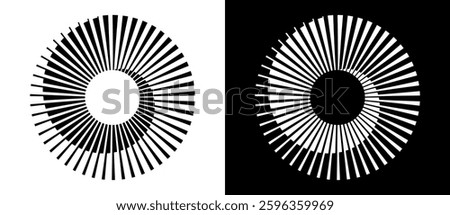 Set of circles with lines. Lines in one color with different thickness. Black spiral on white background and white spiral on black background. Dynamic design element, logo or icon.
