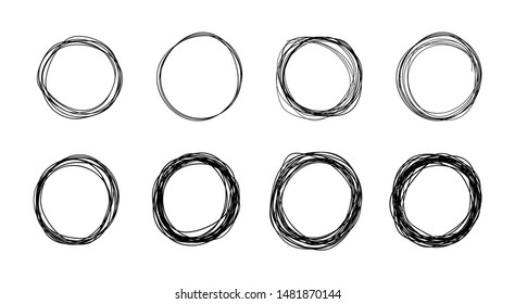 Set of circles lines sketch hand drawn. Doodle circles for design elements, messages, notes labels. Vector illustration. 