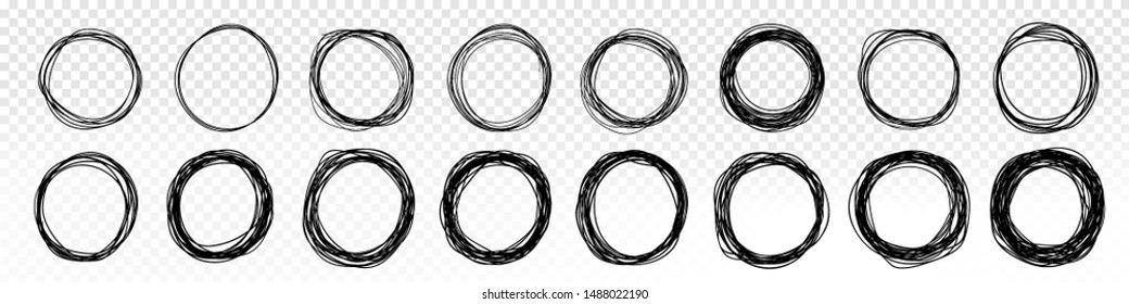 Set of circles lines sketch hand drawn. Doodle circles for design elements, messages, notes labels. Vector illustration. 