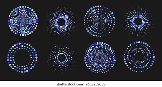 Um conjunto de círculos feitos de pontos. Círculos multicoloridos. Banner do pixel. Ilustração vetorial.