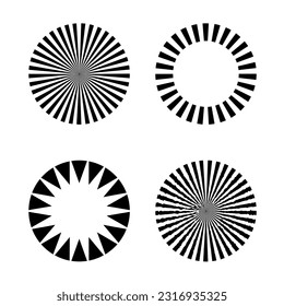 Set of circles with monochrome black rays. Abstract hypnotic lines in the form of stripes in form of circles. Geometric logo or design element