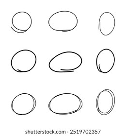 A set of circles, ovals, frames drawn by hand with a black marker in one line in doodle, comic style. A collection of sketch circles. Selection, circled. A graphic contour element for design 