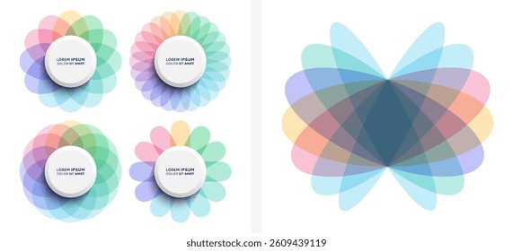 Set of circles of overlapping translucent elements. Flowers in geometric style. Abstract button design. Vector illustration.