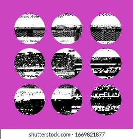Set of circles with pixelated grainy texture on pink background. Vaporwave and retrowave elements for logotype or poster design.