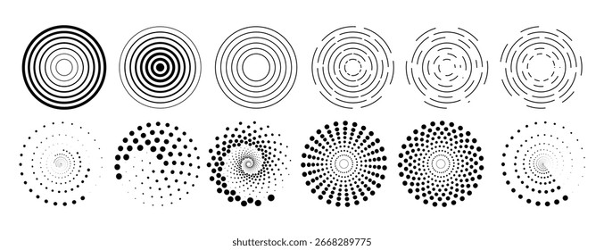 Conjunto de radares Circles, ondas en el agua, puntos de mandalas.
