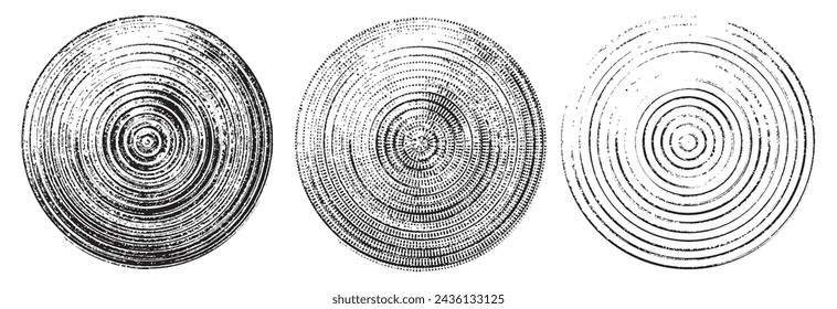 A set of circles of radial dashed lines. Gap lines, circular, concentric elements. Collection of metal lids in the style of engraving drawing. Abstract concentric, radial geometric motif.