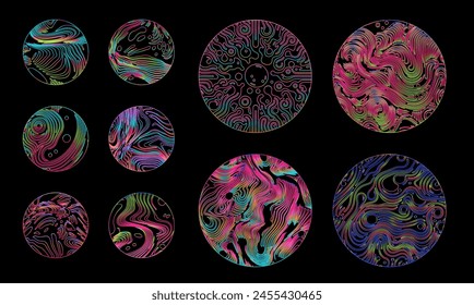 Set of circles s with glitchy trippy pattern in neon holographic vibrant colors. 