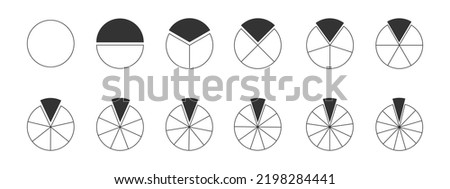 Set of circles segmented into sections from 1 to 12 with one separated painted fragment. Donut charts, pie or pizza shapes cut in equal slices isolated on white background. Vector outline illustration