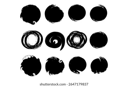 Een reeks cirkels geeft expressieve penseelstreken, grunge-texturen en werveleffecten vorm. Dit abstracte pakket bevat een verscheidenheid aan handgemaakte, vervormde en inktspetterstijl.
