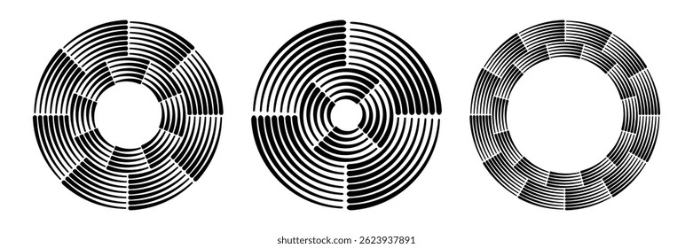 Set of circles shapes. Lines in circle form. Round technology logo. Design element. Abstract round geometric shapes. Striped frame. Black circles isolated on white background.