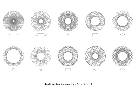 Set of circles spirograph made from spiral geometric shapes. Vector Illustration.