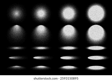 Set of circles with spotlight effects with halftone gradient isolated on black background. Circular shapes with dot grain noise texture. Abstract vector illustrations.