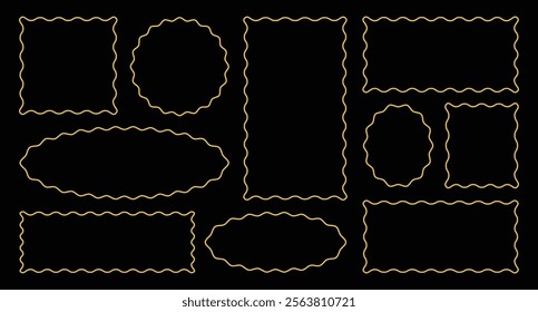 Set of circles, square, oval frames with wavy and zigzag edges. Rectangular and round shapes with curvy and jagged borders isolated on white background. Vector graphic illustration