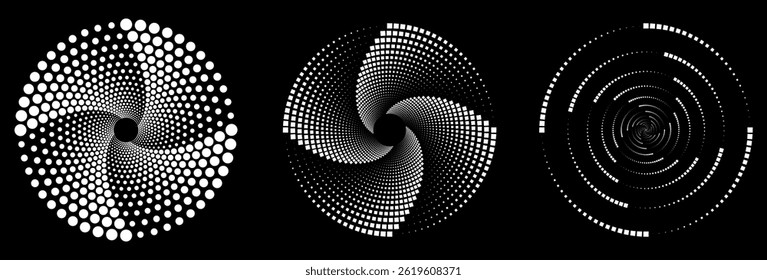 Conjunto de círculos de cuadrados. Textura de puntos y cuadrados en círculo. Textura en spray manchada. Elemento de diseño abstracto de Vector