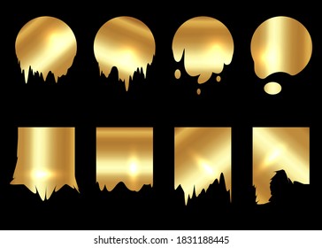 Set circles and squares with gold ink splashes design element, golden luxury sign collection, vector isolated on black background 