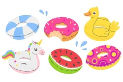 Set Circles For Swimming In A Flat Style. Rubber Rings, Inflatable Ring Collection. Unicorn, Watermelon, Duck, Donut. Vector Illustration.