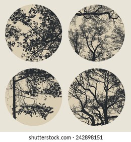 Set of circles with trees and branches silhouettes. detailed vector illustration