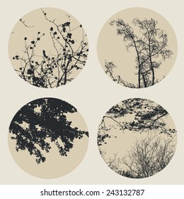 Set of circles with trees and branches silhouettes. detailed vector illustration