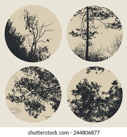 Set of circles with trees and branches silhouettes. detailed vector illustration