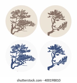 Set of circles with trees and branches silhouettes. detailed vector illustration