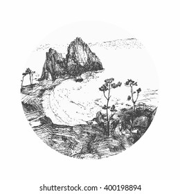 Set of circles with trees and mountain silhouettes. detailed vector illustration. Landscape of Baikal lake