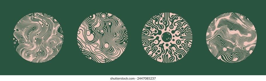 Set of circles with wavy surreal texture. Futuristic abstract shapes for logotype design.