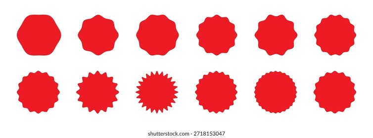 Conjunto de círculos con bordes en zigzag. Las Formas de estrellas de Formas circulares ofrecen etiqueta de Precio, insignia en zigzag de estallido estelar redondeada, Ilustración vectorial.