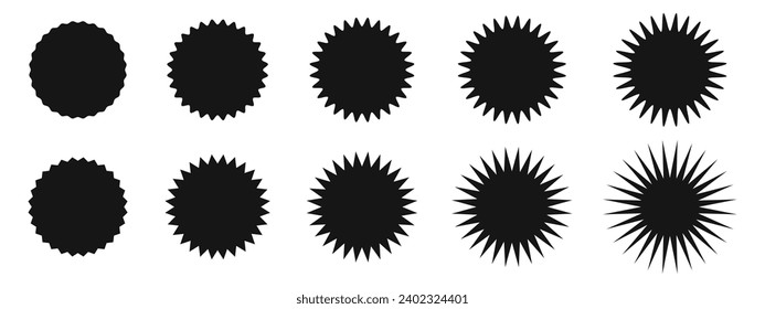 Set of circles with zigzag edges. Labels, stickers, badges, stamps round shapes. Star or sunburst icons isolated on white background. Vector graphic illustration.