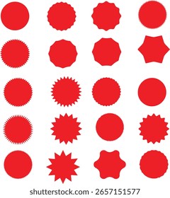 Set of circles with zigzag edges ,Red starburst sticker set. Special offer price tag. Price sticker, sale sticker, starburst, quality mark, retro silhouette.