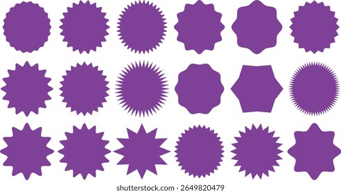 Set of circles with zigzag edges, Silhouette stickers circle, sunburst sticker shapes, circle and star shaped price tag, round stamp sticker vector icon set in purple color, Circle sticker, Wavy edge.