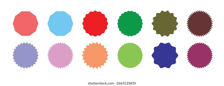Set of circles with zigzag edges, Sunburst sticker shapes, Rounded starburst zigzag badge.