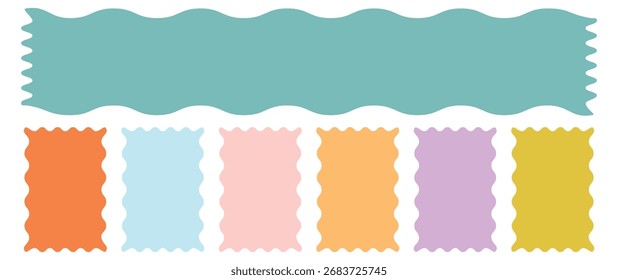 Conjunto de círculos con bordes en zigzag, Formas adhesivas Sunburst, . Conjunto de marcos de sellos postales cuadrados y rectángulos de colores. Marcos rectangulares, redondos, circulares, ovalados y cuadrados.