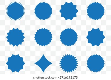 Conjunto de círculos con bordes en zigzag, Formas adhesivas Sunburst, insignia redondeada en zigzag starburst, óvalo puntiagudo, círculo y etiqueta de Precio en forma de estrella, etiquetas adhesivas de descuento y venta, etiqueta promocional de oferta de insignia de venta