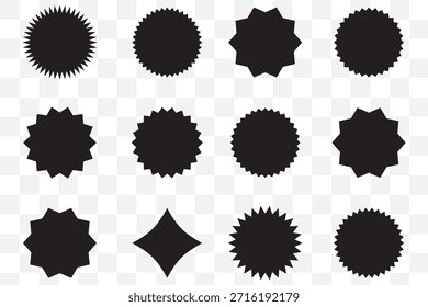 Set von Kreisen mit Zickzackkanten, Sunburst Aufkleber Formen, Abgerundete Sterne Zickzack Abzeichen, spiky oval, Kreis und Stern geformte Preisschild, Rabatt und Verkauf Label Aufkleber, Verkauf Abzeichen Angebot Promo-Tag