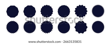 Set of circles with zigzag edges, Sunburst sticker shapes, Rounded starburst zigzag badge.