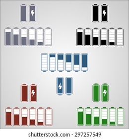 Set circuit, charging, battery, batteries, battery charging, fully charged battery, low battery, red battery, blue, green, flat style  logotype design vector illustration