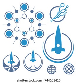 Set of circuit tech elements. Electronics icon. Tech logo. Rocket icon.