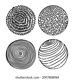 A set of circular abstract backgrounds or patterns. Hand-drawn doodles. Spots, blots, zigzags, smooth curves, lines. Modern quirky vector illustrations. Posters, badge templates for social networks.