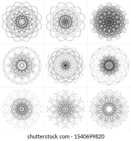 Set of circular abstract patterns. Round vector ornament. Snowflake. Mandala. Arabesque. Vector illustration