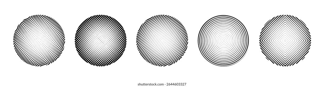 Set of circular abstract vector stamps with varying line widths and geometric patterns. Optical illusion style elements with waves, grids, and concentric lines. Black and white modern design shapes.