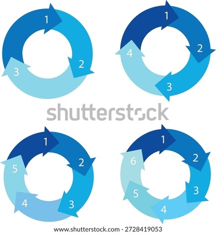 Set of Circular Arrow Cycle Diagrams with 3, 4, 5, and 6 Stages, Blue Infographic Workflow Process