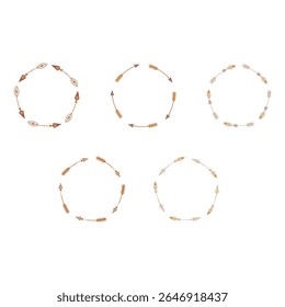 Set of circular arrow frames in a rustic boho style with earthy colors. The hand-drawn tribal wreaths are ideal for invitations, logos, or folk art designs. Isolated on a white background.